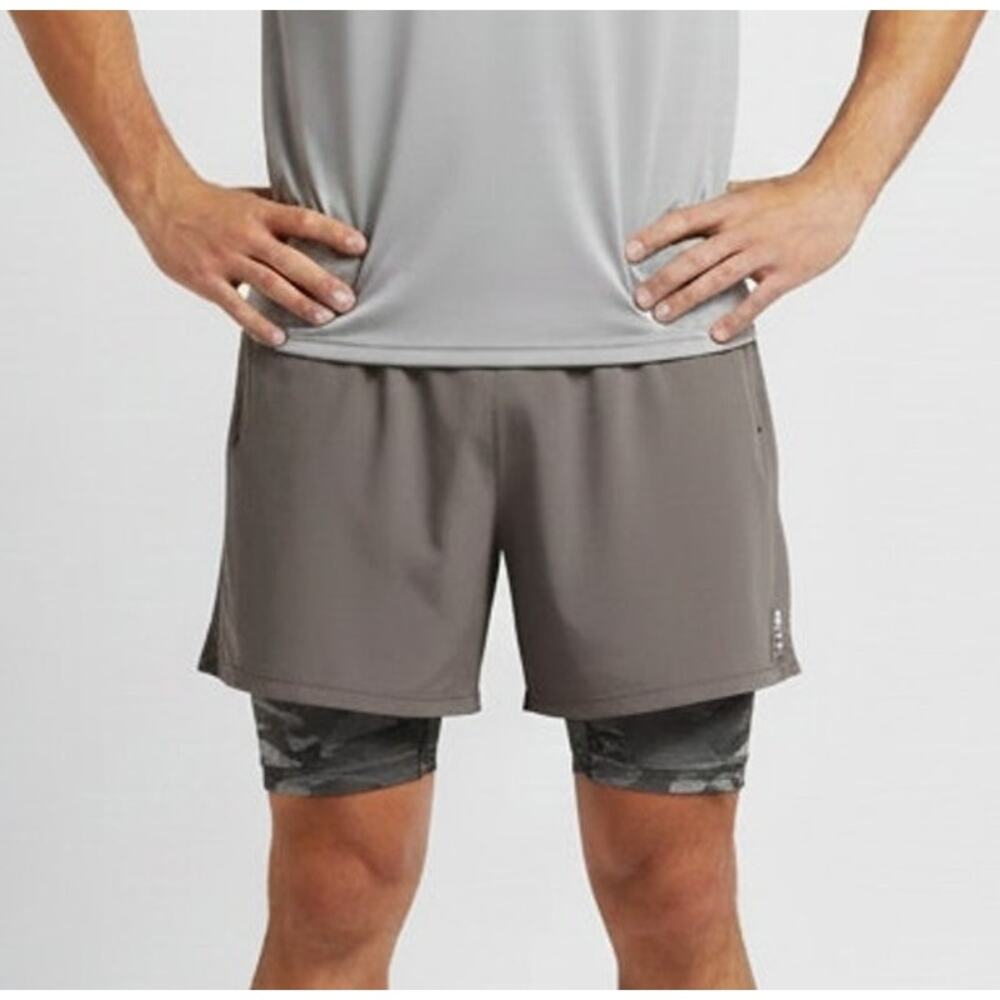 MTA Sport Medium Mens 2 in 1 Running Shorts Gray Brown with Camoflauge Liner